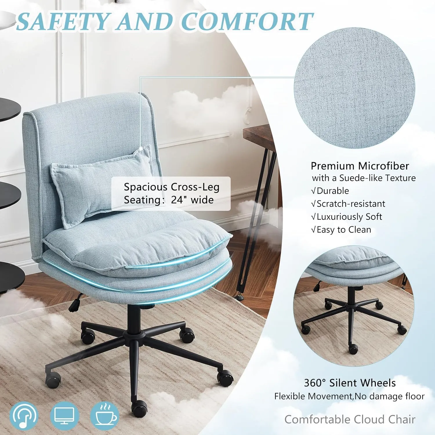VINGLI Cloud Criss Cross Legged Chair,18" High Back Armless Home Office Desk Chair with Wheels,Wide Adjustable Comfy Padded Seat Task Computer Chair,Modern Swivel Makeup Vanity Chair,Fabric,Blue