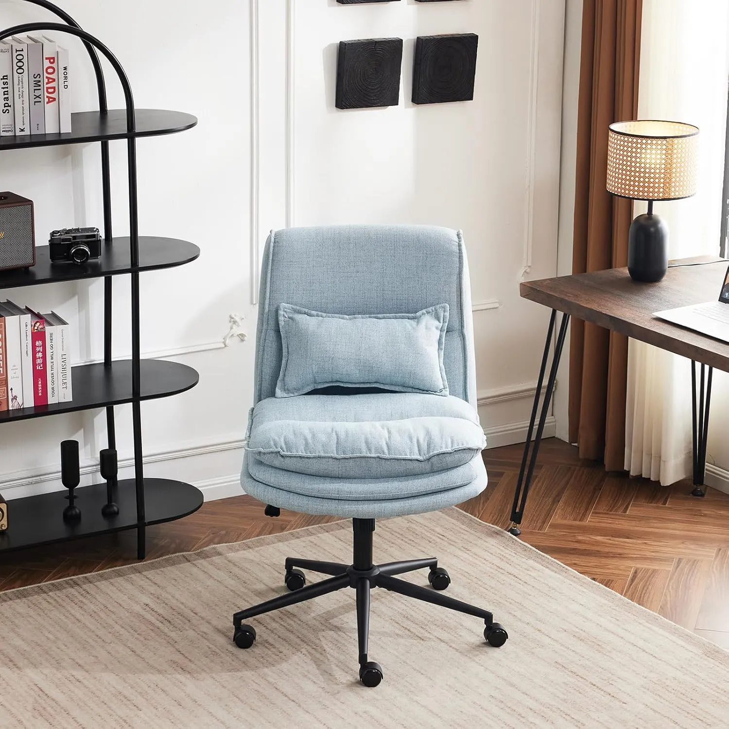 VINGLI Cloud Criss Cross Legged Chair,18" High Back Armless Home Office Desk Chair with Wheels,Wide Adjustable Comfy Padded Seat Task Computer Chair,Modern Swivel Makeup Vanity Chair,Fabric,Blue