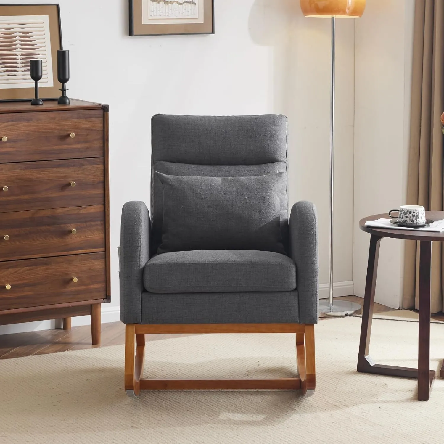 VINGLI Grey Linen Nursery Rocking Chair with Thick Headrest, Upholstered Mid-Century Modern Nursing Rocker Glider with Curved Armrest, Sturdy Solid Wood Base for Living Room, Bedroom, Baby Room
