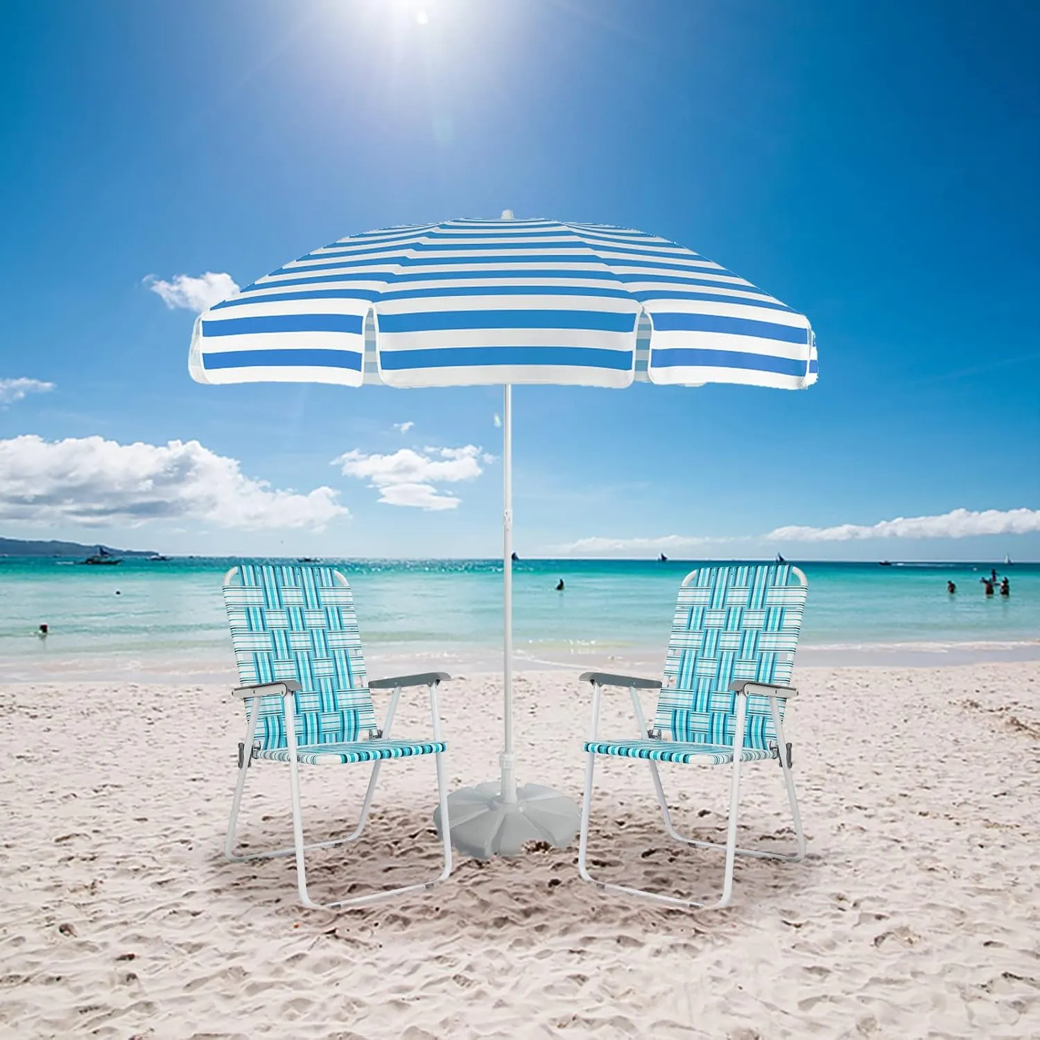 VINGLI Patio Lawn Webbed Folding Chairs Set of 2, Outdoor Beach Chair Portable Dining Chair for Outdoor Yard, Garden (White & Blue, Classic)