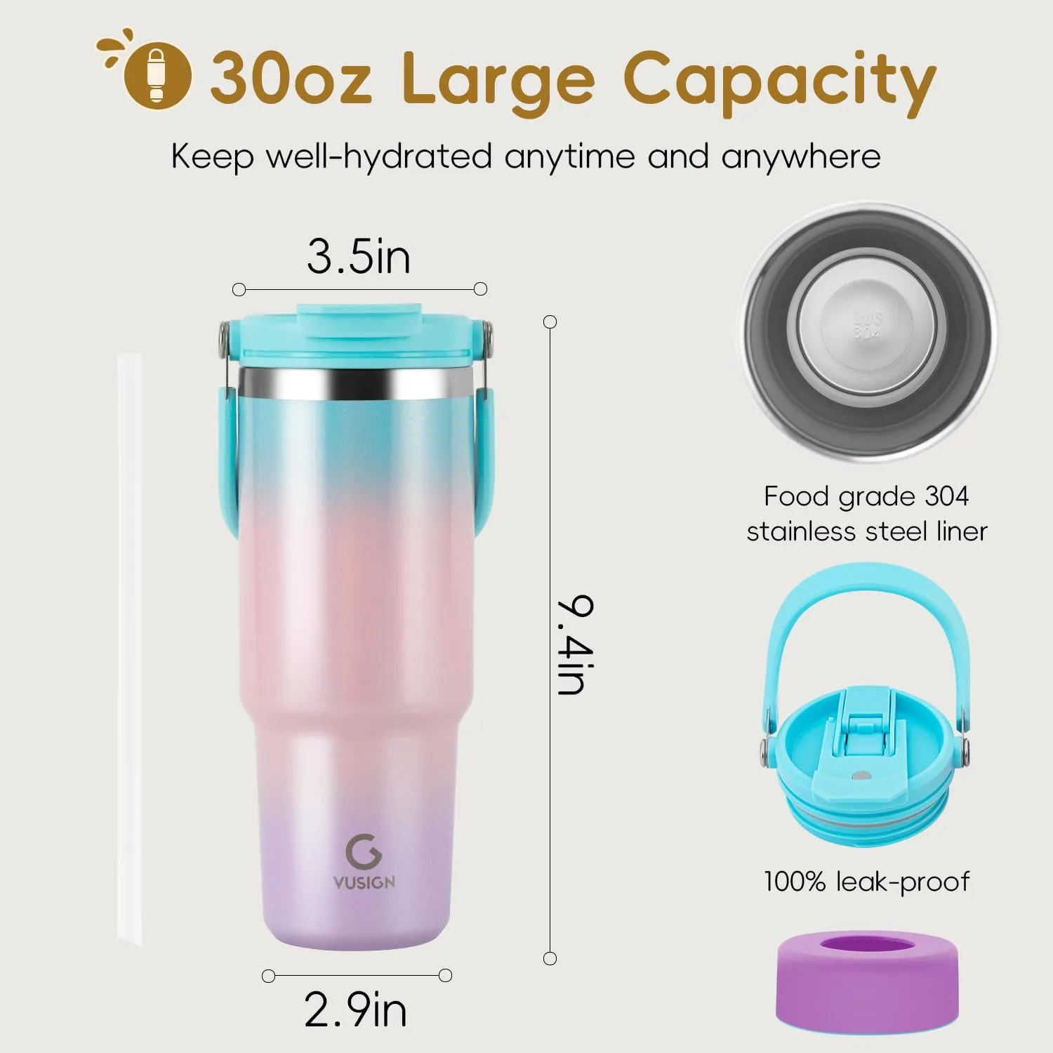 VUSIGN 30 oz Tumbler with Handle and Flip Straw, Stainless Steel Vacuum Insulated Water Bottle Travel Mug Thermal Cup for Home, Office, Car, Outdoors, Sports, Carnival