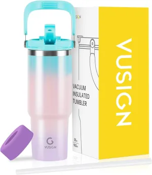 VUSIGN 30 oz Tumbler with Handle and Flip Straw, Stainless Steel Vacuum Insulated Water Bottle Travel Mug Thermal Cup for Home, Office, Car, Outdoors, Sports, Carnival