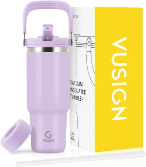VUSIGN 30 oz Tumbler with Handle and Flip Straw, Stainless Steel Vacuum Insulated Water Bottle Travel Mug Thermal Cup for Home, Office, Car, Outdoors, Sports, Orchid