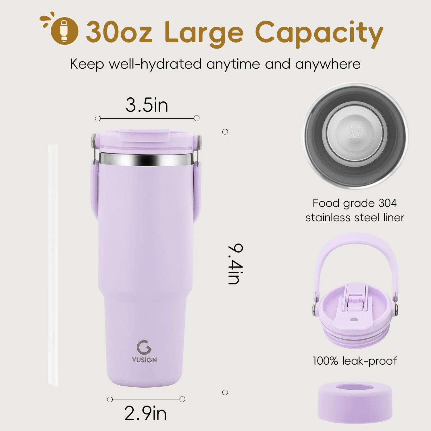 VUSIGN 30 oz Tumbler with Handle and Flip Straw, Stainless Steel Vacuum Insulated Water Bottle Travel Mug Thermal Cup for Home, Office, Car, Outdoors, Sports, Orchid