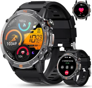 WalkerFit Rugged Smart Watch for Men- Answer/Dial Calls,Waterproof Fitness Watch with Health Monitor,110  Sport Modes,Military Smart Watch for iPhone/Android,1.43" AMOLED Always-on Display,Black Round