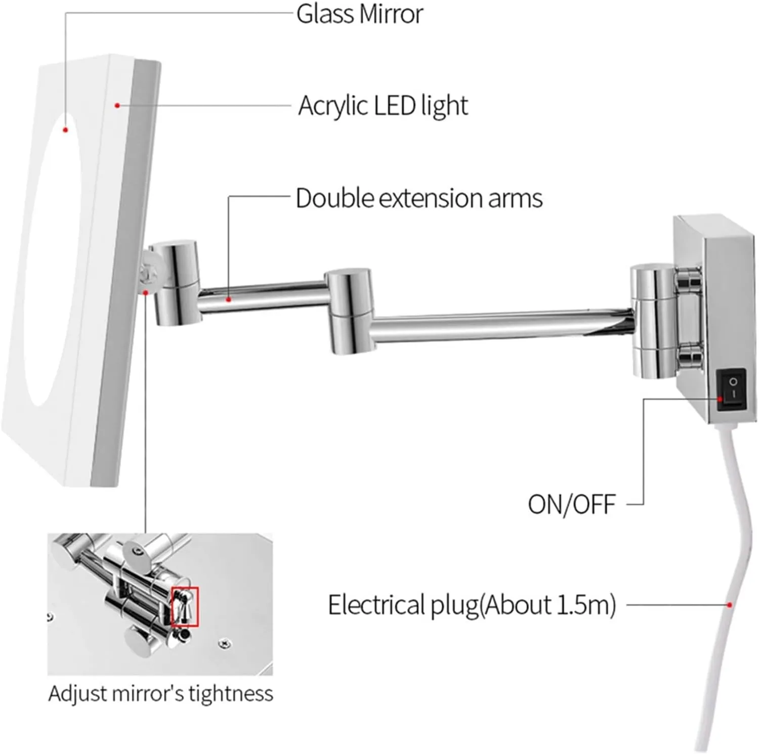 Wall Mounted Lighted Makeup Mirror 8 Inch Brass Bathroom Wall-Mounted LED Cosmetic Vanity Mirror, Rotatable Extendable Mirror with Plug,5X(5X)
