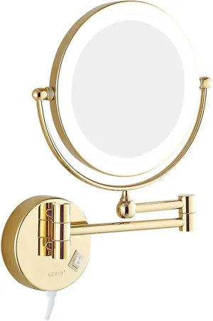 Wall Mounted Lighted Makeup Mirror 8 Inch Double Sided Brass Rotatable Extendable Vanity Mirrors for Bathroom(Gold,3X)