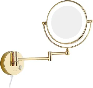 Wall Mounted Lighted Makeup Mirror 8 Inch Double Sided Wall Mounted 360° Swivel Extendable Bathroom Vanity Mirror, Plug Powered(Gold,3X)