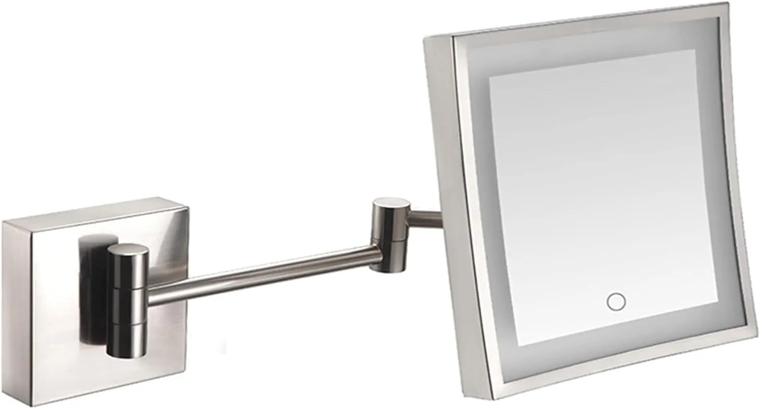 Wall Mounted Lighted Makeup Mirror Square LED Wall Mounted Bathroom Vanity Mirror, Rotable Extendable Shaving Mirror(Nickel,Plug in)