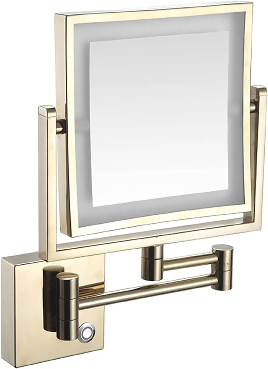 Wall Mounted Lighted Makeup Mirror Square Wall Mounted Double Sided 1X/3X Magnifying Mirror Rotation Extension Bathroom Mirror(Gold,Plug in)