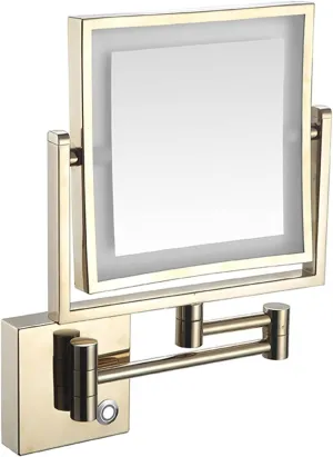 Wall Mounted Lighted Makeup Mirror Square Wall Mounted Double Sided 1X/3X Magnifying Mirror Rotation Extension Bathroom Mirror(Gold,Plug in)