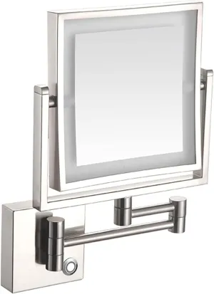 Wall Mounted Lighted Makeup Mirror Square Wall Mounted Double Sided 1X/3X Magnifying Mirror Rotation Extension Bathroom Mirror(Nickel,USB)