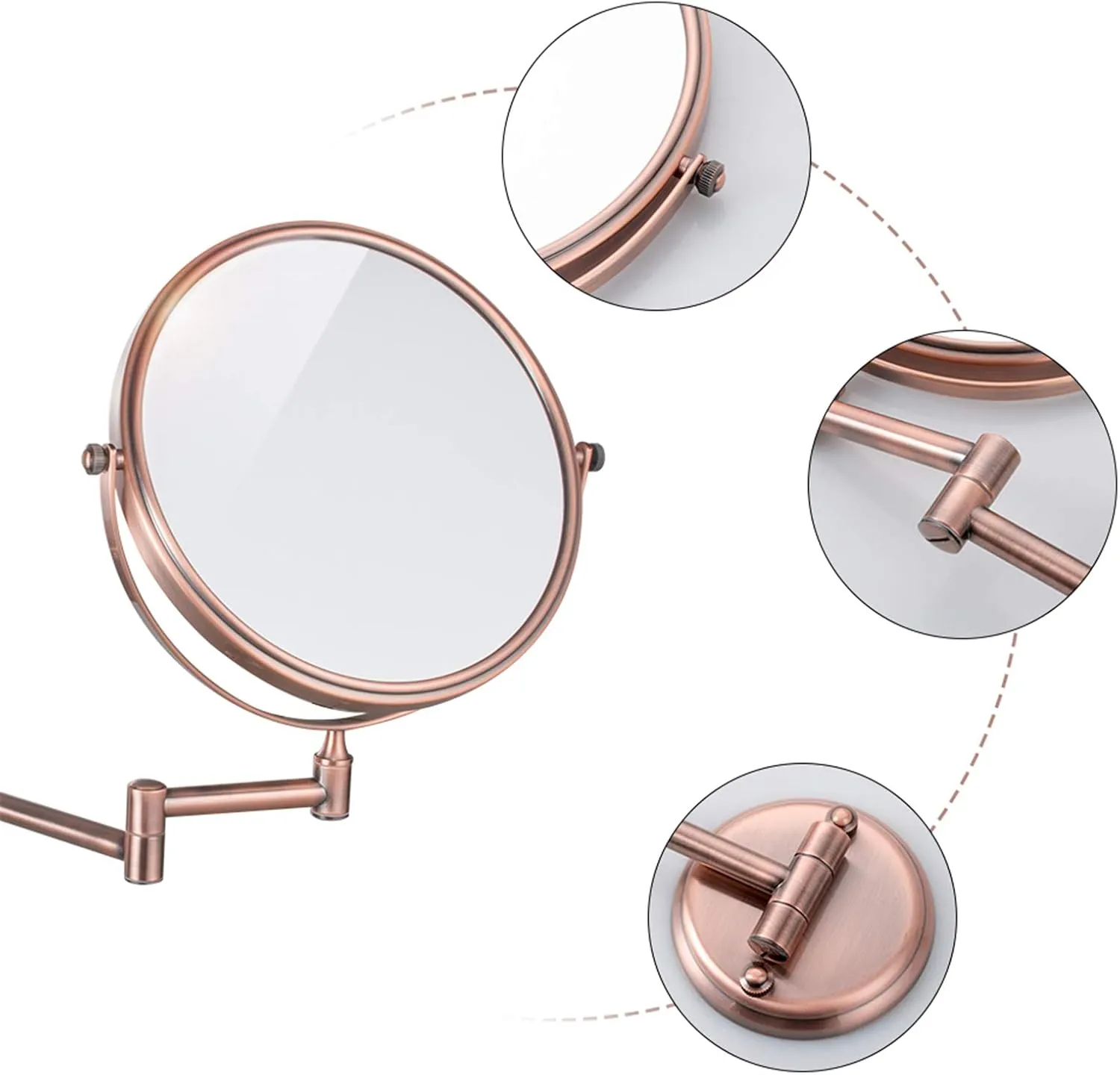 Wall Mounted Makeup Mirror, 1X＆3X/5X/7X/10X Magnification Vanity Mirrors, 8 Inch Double Sided Brass Folding Swivel Shaving Mirrors,Rose gold,7X