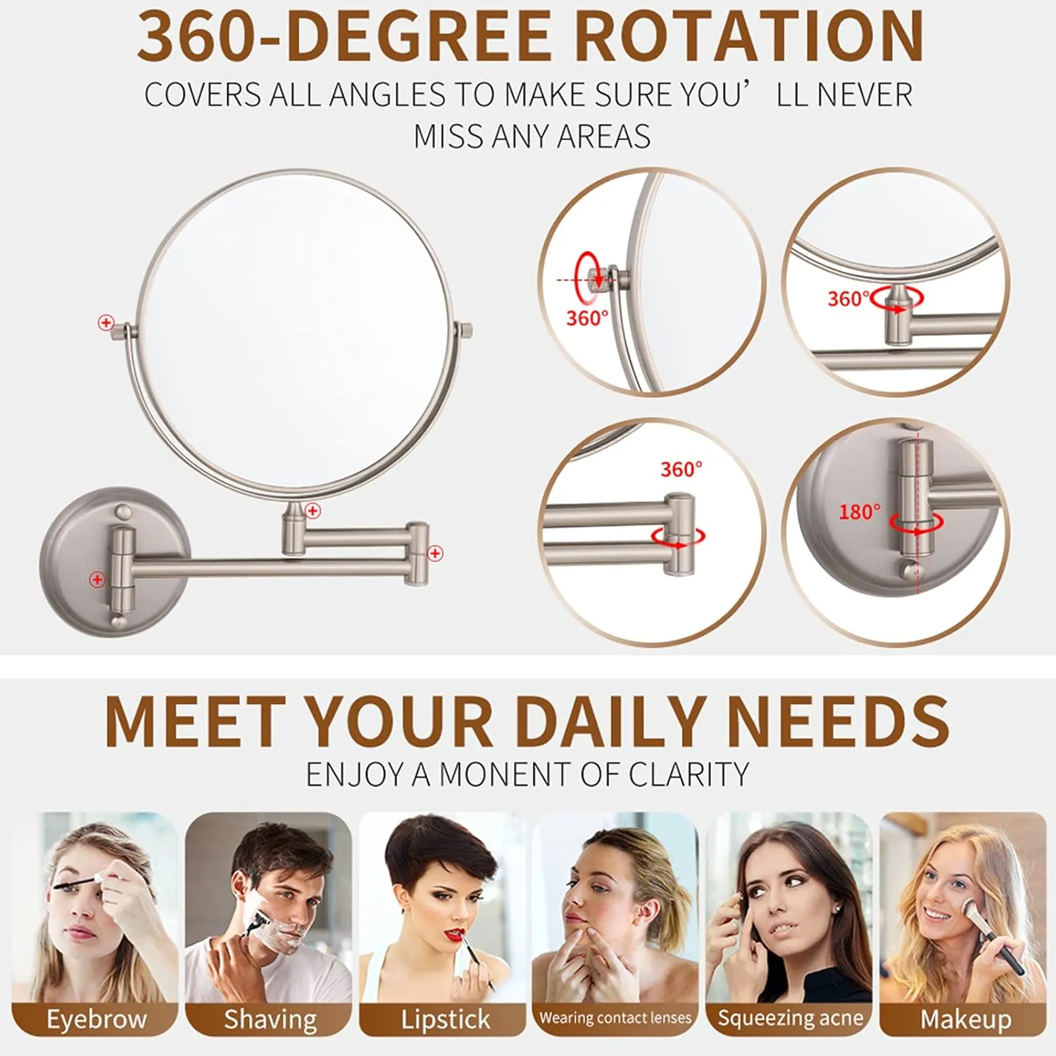 Wall Mounted Makeup Mirror, 8 inch Nickel Finish Double Sided Magnifying Shaving Mirror, 360° Swivel Extendable Folding Bathroom Vanity Mirrors,10x(10x)