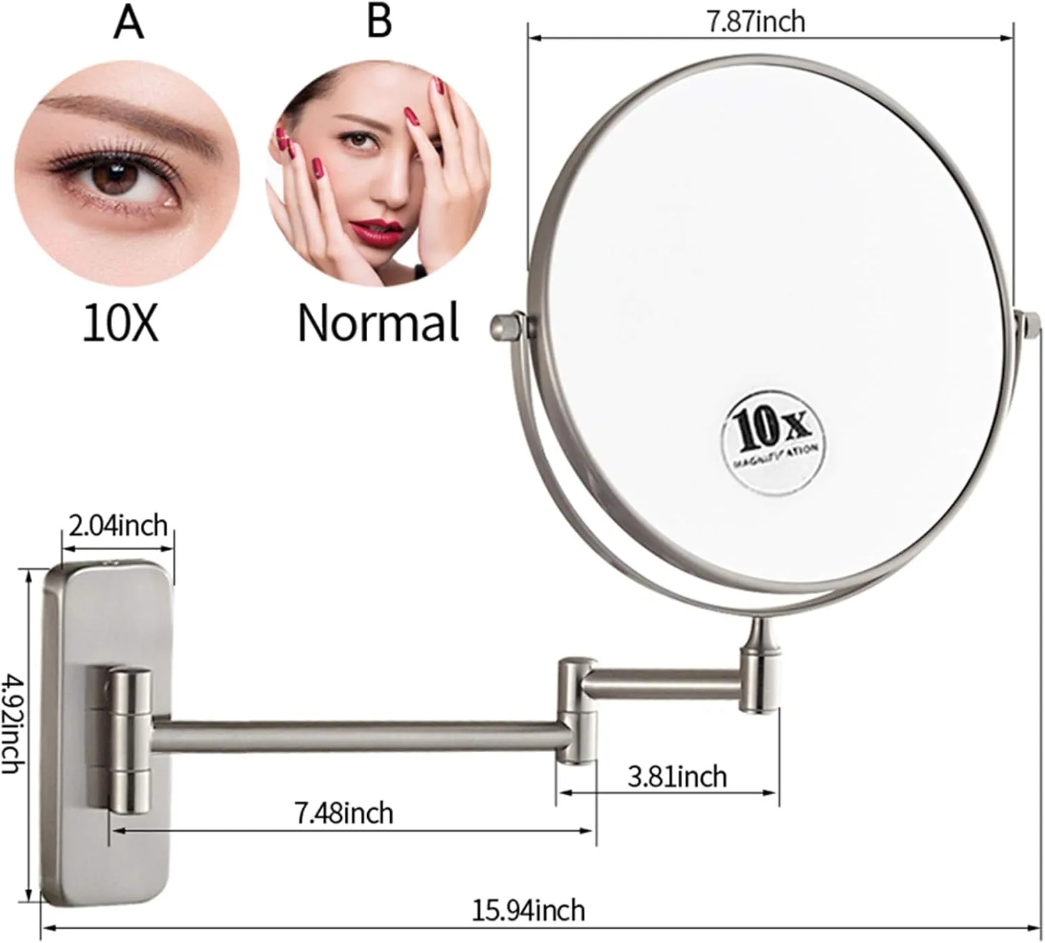 Wall Mounted Makeup Mirror, 8 inch Nickel Finish Rotatable Magnifying Shaving Mirror, Extendable Folding Cosmetic Bathroom Vanity Mirrors,7X (Color : 10x)