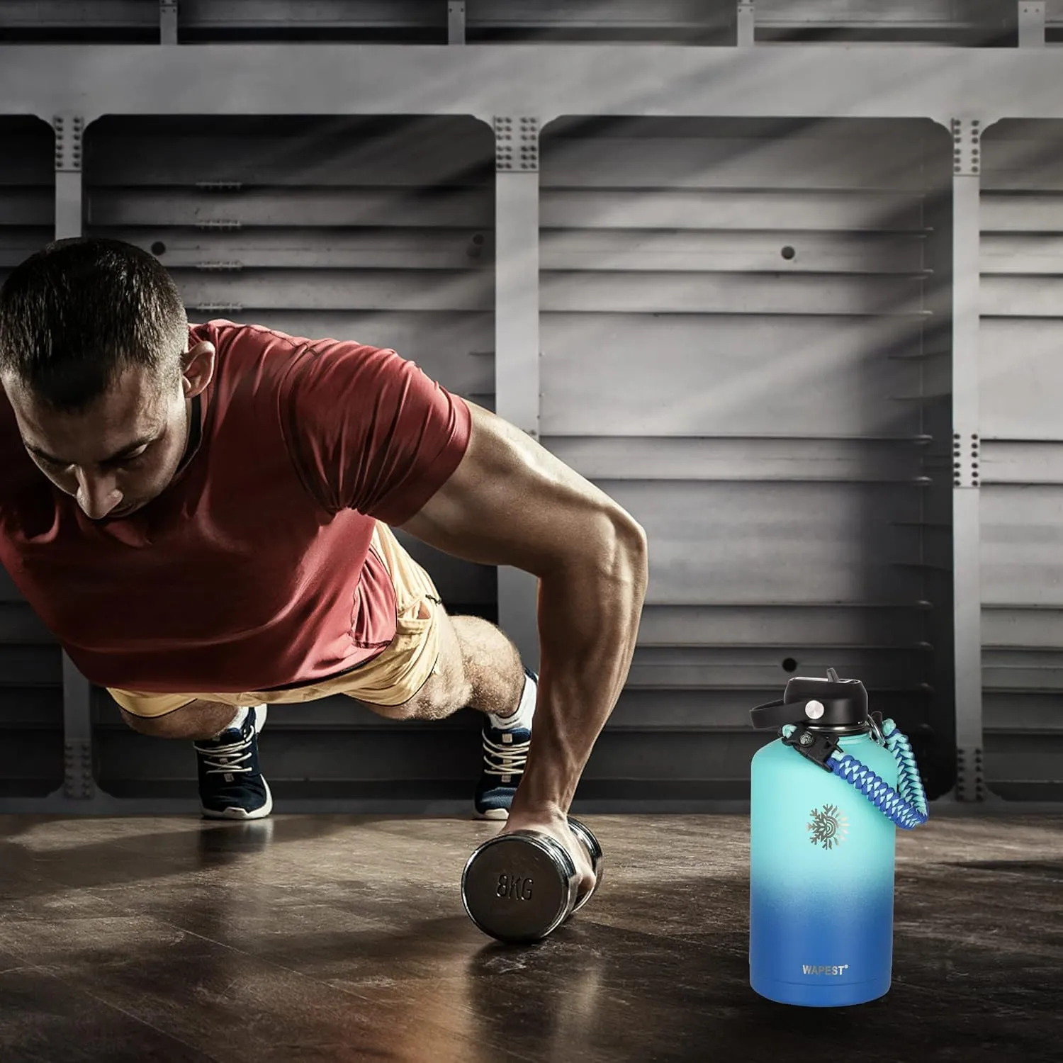 Water Bottle 64 oz with Paracord Handle & Cleaning Brush, Half Gallon Double Wall Vacuum Metal Stainless Steel Insulated Water Flask with 2 Lids and Carrying Pouch, Leakproof and BPA-Free, Mint&Cobalt
