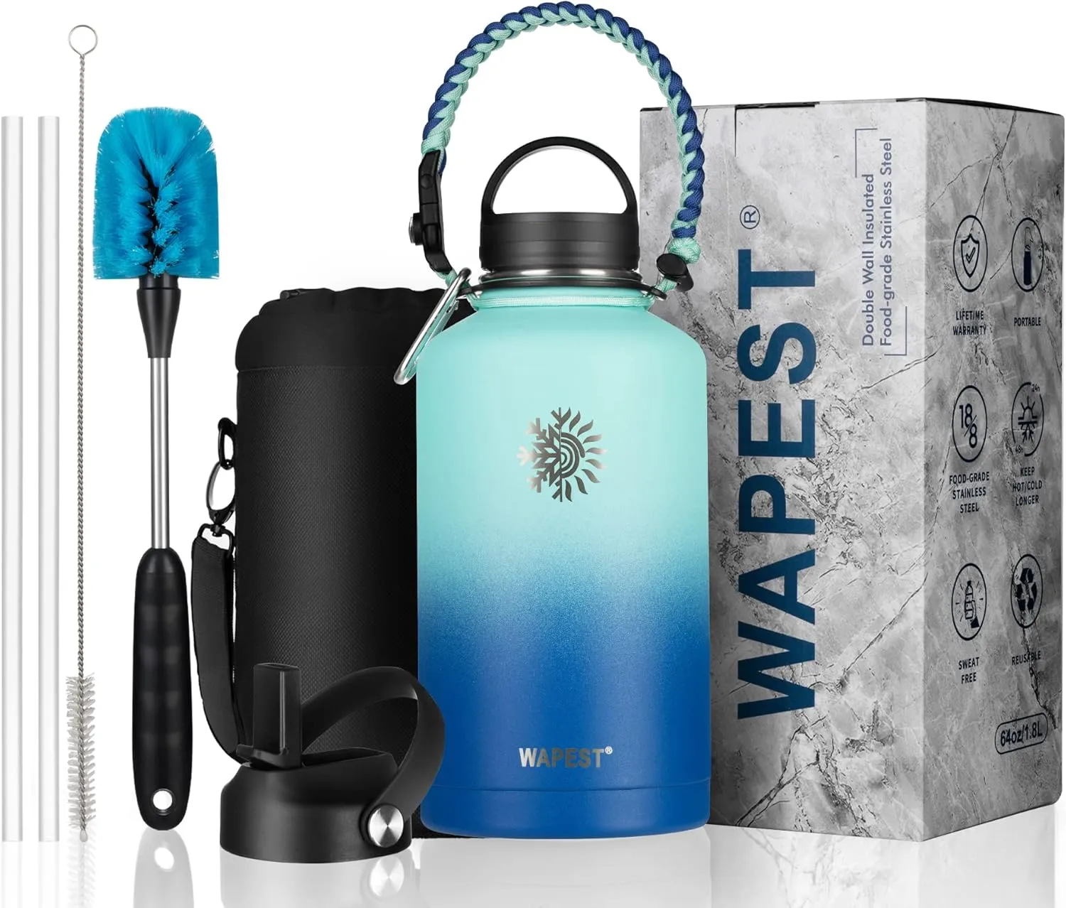 Water Bottle 64 oz with Paracord Handle & Cleaning Brush, Half Gallon Double Wall Vacuum Metal Stainless Steel Insulated Water Flask with 2 Lids and Carrying Pouch, Leakproof and BPA-Free, Mint&Cobalt