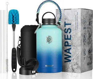 Water Bottle 64 oz with Paracord Handle & Cleaning Brush, Half Gallon Double Wall Vacuum Metal Stainless Steel Insulated Water Flask with 2 Lids and Carrying Pouch, Leakproof and BPA-Free, Mint&Cobalt