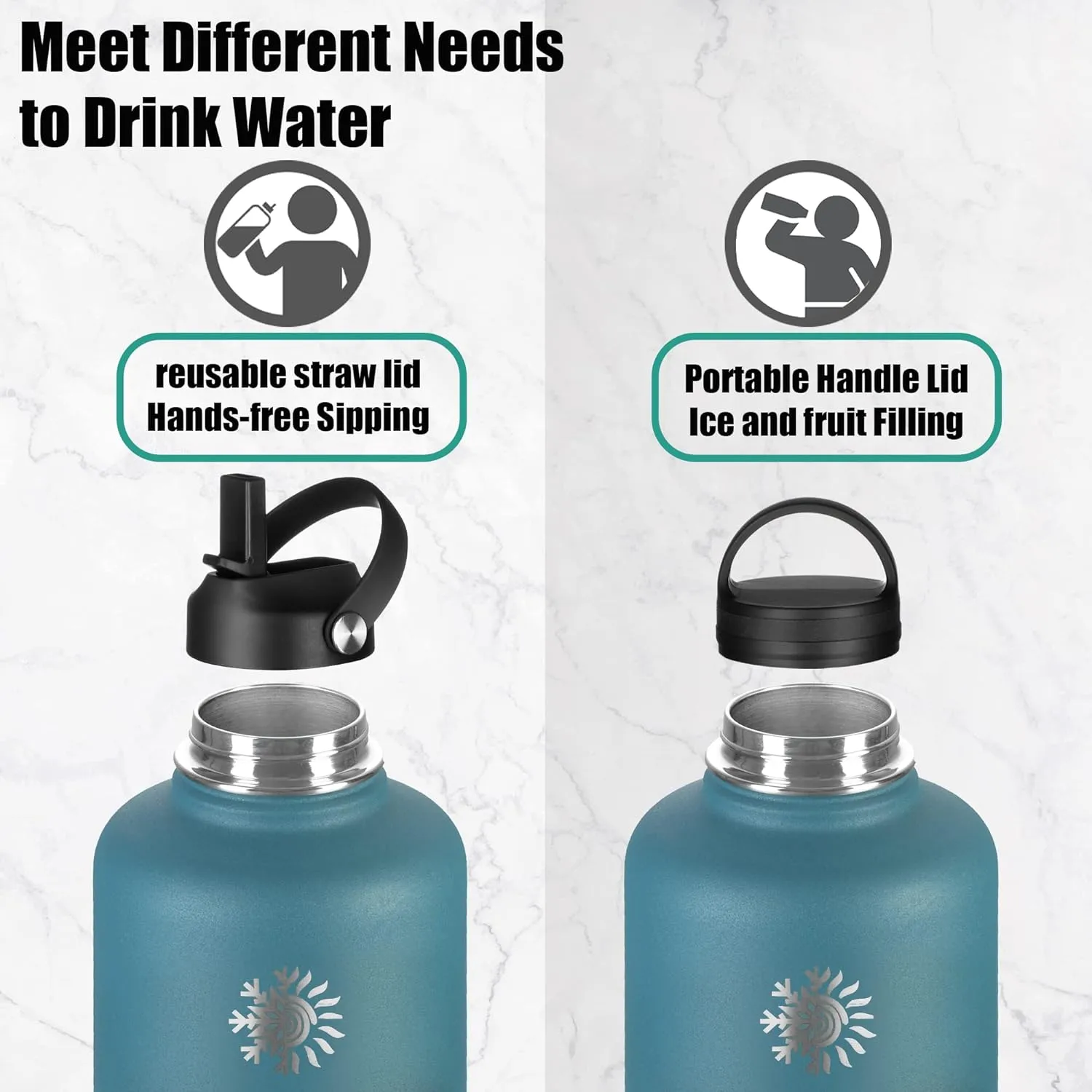 Water Bottle 64 oz with Paracord Handle & Cleaning Brush, Half Gallon Double Wall Vacuum Metal Stainless Steel Insulated Water Flask with 2 Lids and Carrying Pouch, Leakproof and BPA-Free, Mint&Cobalt
