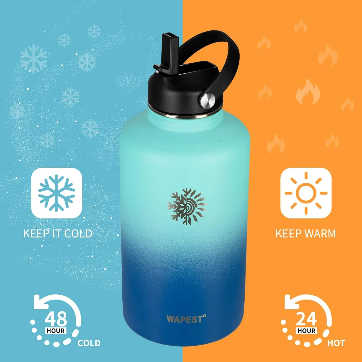 Water Bottle 64 oz with Paracord Handle & Cleaning Brush, Half Gallon Double Wall Vacuum Metal Stainless Steel Insulated Water Flask with 2 Lids and Carrying Pouch, Leakproof and BPA-Free, Mint&Cobalt