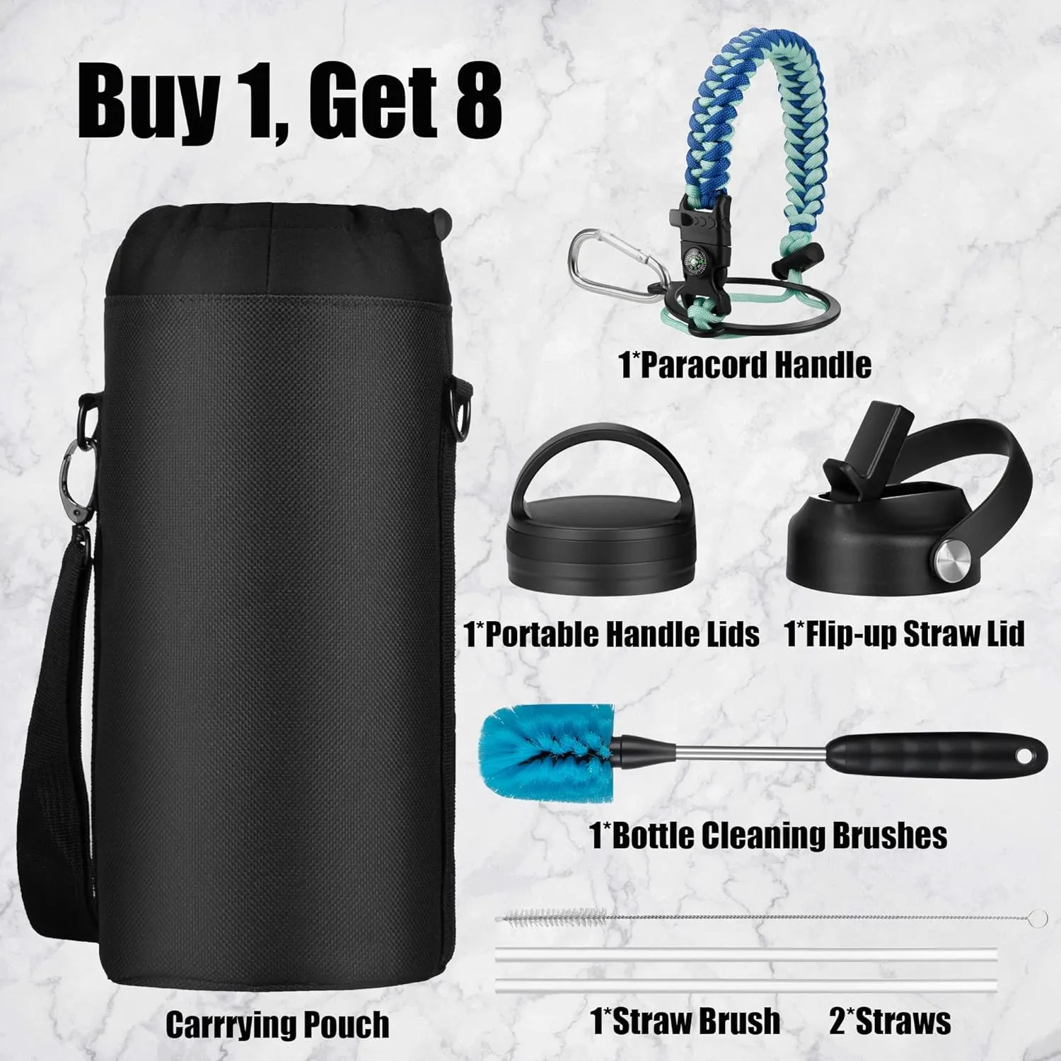 Water Bottle 64 oz with Paracord Handle & Cleaning Brush, Half Gallon Double Wall Vacuum Metal Stainless Steel Insulated Water Flask with 2 Lids and Carrying Pouch, Leakproof and BPA-Free, Mint&Cobalt