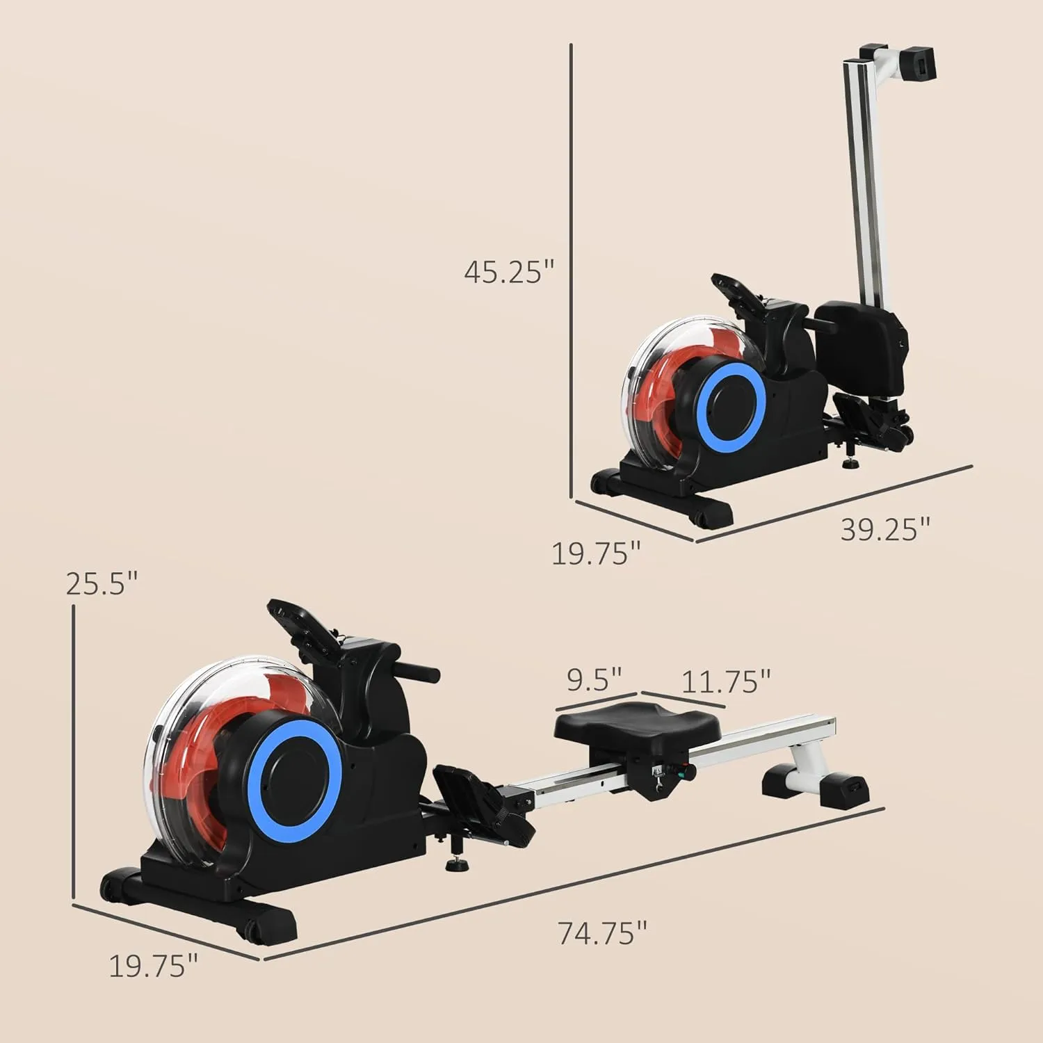 Water Rowing Machine, Foldable Rower Machine with Adjustable Resistance, Wheels, LCD Monitor and Tablet Holder for Home Cardio Training