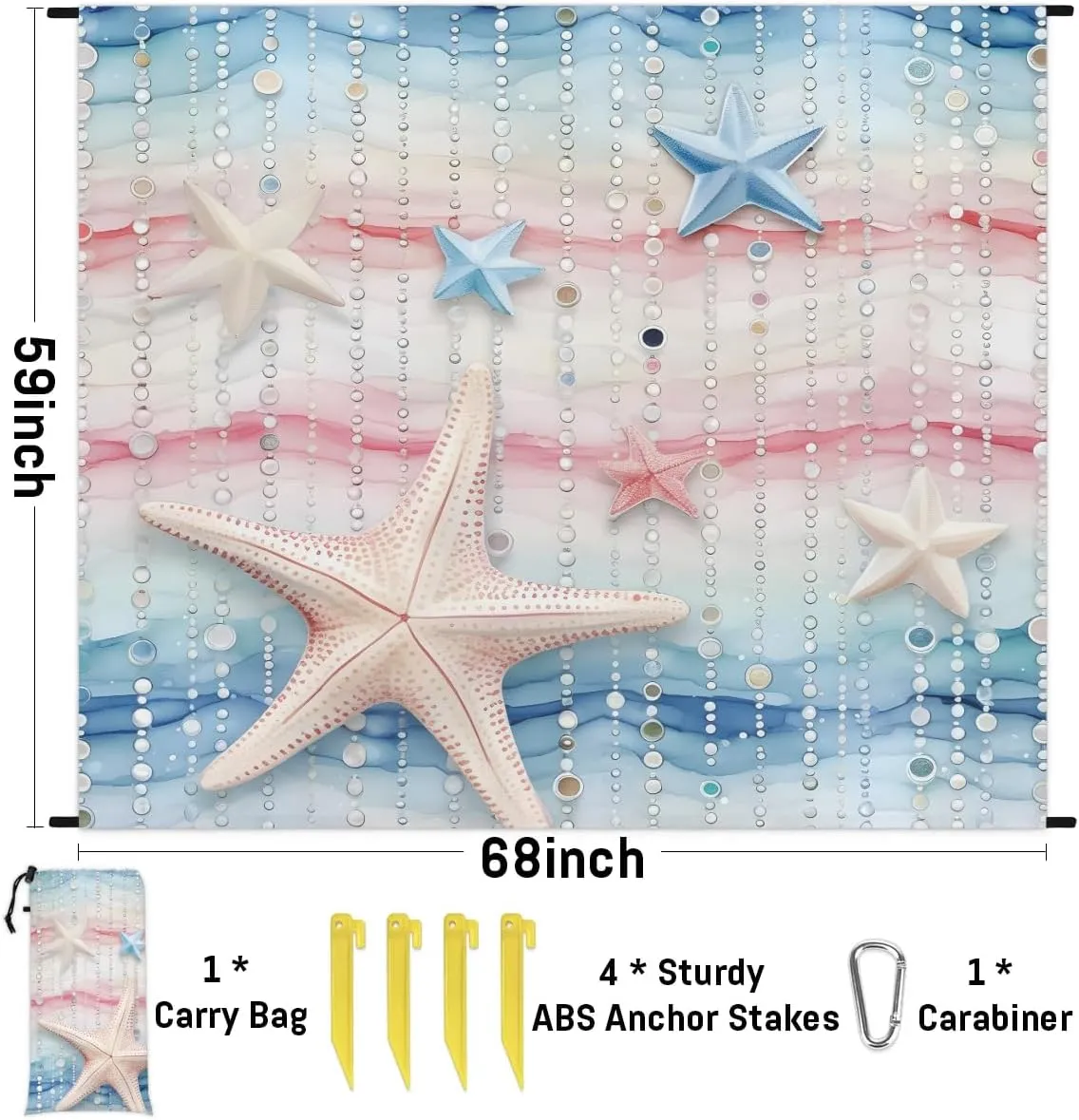 Watercolor Beach Starfish Beach Blanket, Sandproof Beach Mat, 68 x 59 Waterproof Quick Drying Sand Free Mat with 4 x Ground Spikes for Outdoor Travel Camping Hiking, Colorful Pearl Starfish