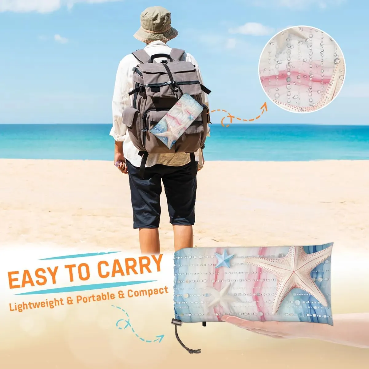 Watercolor Beach Starfish Beach Blanket, Sandproof Beach Mat, 68 x 59 Waterproof Quick Drying Sand Free Mat with 4 x Ground Spikes for Outdoor Travel Camping Hiking, Colorful Pearl Starfish