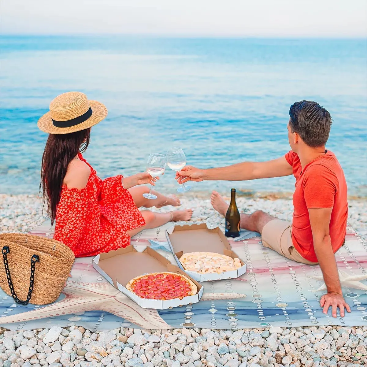 Watercolor Beach Starfish Beach Blanket, Sandproof Beach Mat, 68 x 59 Waterproof Quick Drying Sand Free Mat with 4 x Ground Spikes for Outdoor Travel Camping Hiking, Colorful Pearl Starfish