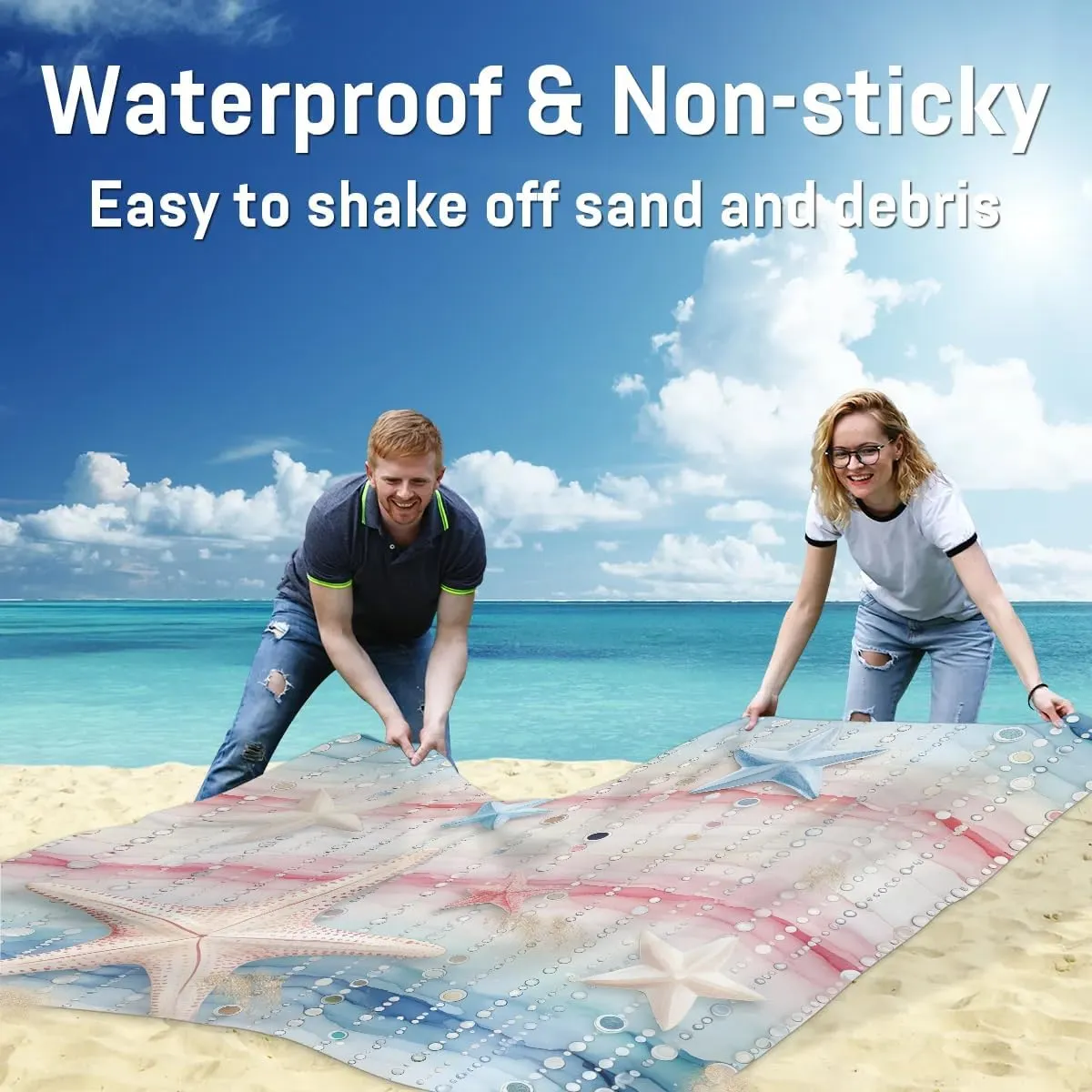 Watercolor Beach Starfish Beach Blanket, Sandproof Beach Mat, 68 x 59 Waterproof Quick Drying Sand Free Mat with 4 x Ground Spikes for Outdoor Travel Camping Hiking, Colorful Pearl Starfish