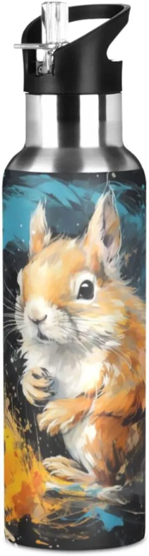 Watercolor Style Squirrel Sport Water Bottle Insulated Stainless Steel Large Vacuum Flask Leak Proof Thermos with Straw for Travel(600ml/1000ml)