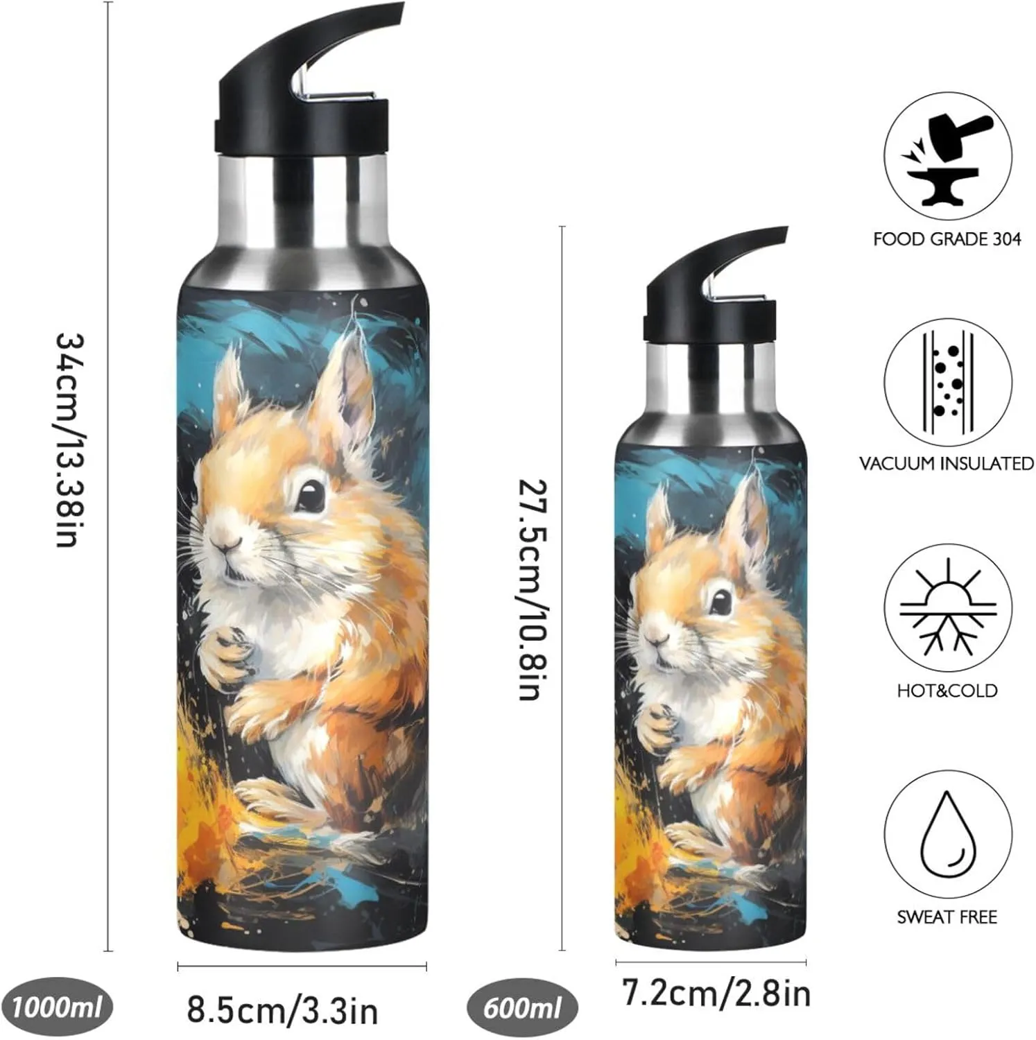 Watercolor Style Squirrel Sport Water Bottle Insulated Stainless Steel Large Vacuum Flask Leak Proof Thermos with Straw for Travel(600ml/1000ml)