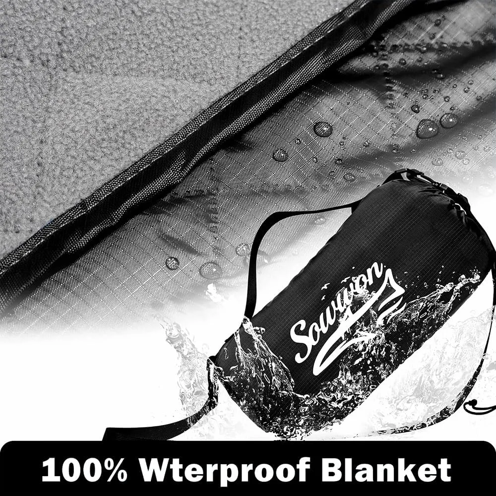 Waterproof Outdoor Blanket 82”X 55” Packable, Stadium Blankets for Camping with Quilted Fleece Lining, Large Windproof Emergency Throw Mat for Garss Picnic Hiking Road Trip, Machine Washable, Black