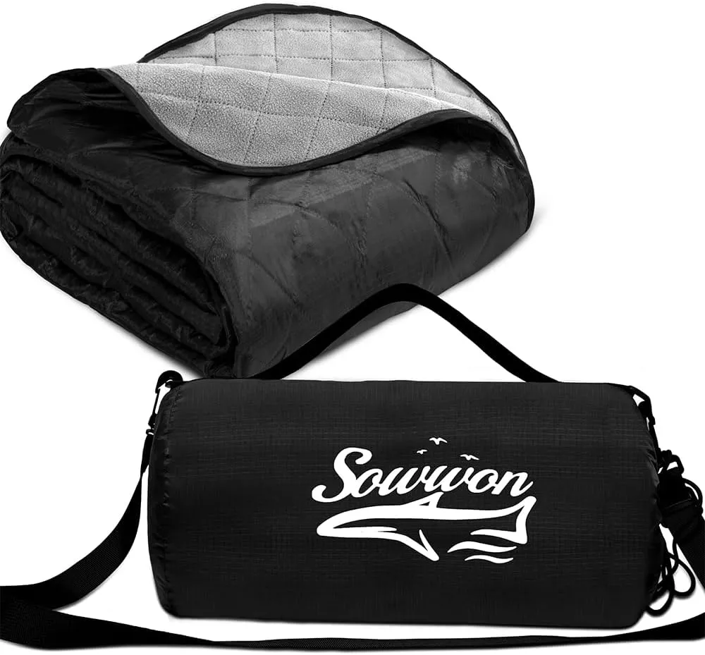 Waterproof Outdoor Blanket 82”X 55” Packable, Stadium Blankets for Camping with Quilted Fleece Lining, Large Windproof Emergency Throw Mat for Garss Picnic Hiking Road Trip, Machine Washable, Black