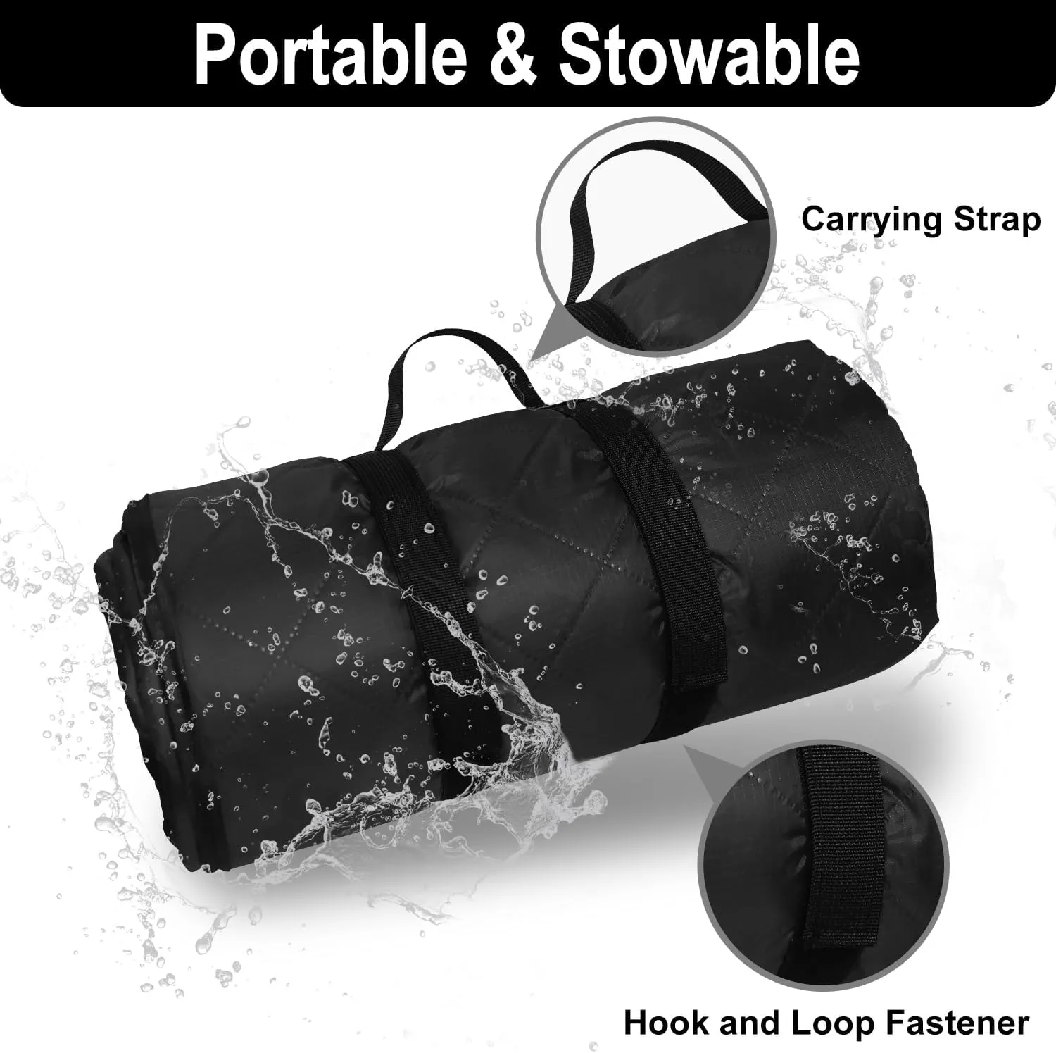 Waterproof Outdoor Blanket 82”X 55” Packable, Stadium Blankets for Camping with Quilted Fleece Lining, Large Windproof Emergency Throw Mat for Garss Picnic Hiking Road Trip, Machine Washable, Black