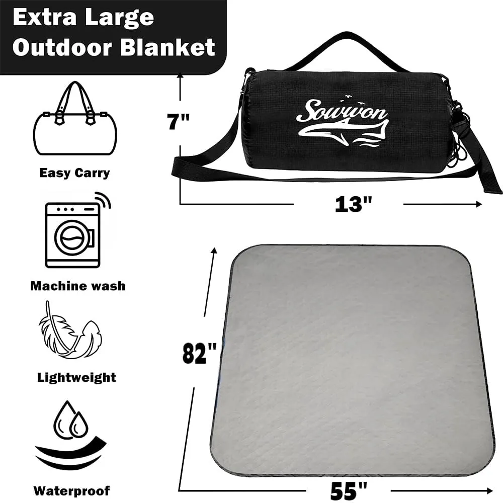 Waterproof Outdoor Blanket 82”X 55” Packable, Stadium Blankets for Camping with Quilted Fleece Lining, Large Windproof Emergency Throw Mat for Garss Picnic Hiking Road Trip, Machine Washable, Black