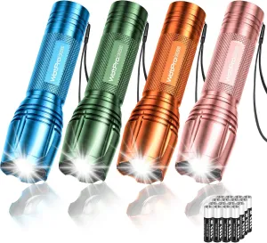 WdtPro LED Flashlight High Lumens SR2000 Pro, 4 Pack Brighter Tactical Flashlights with 5 Modes & Zoomable, Powerful Mini Flash Light for Emergency, Camping, Hiking (Colorful)