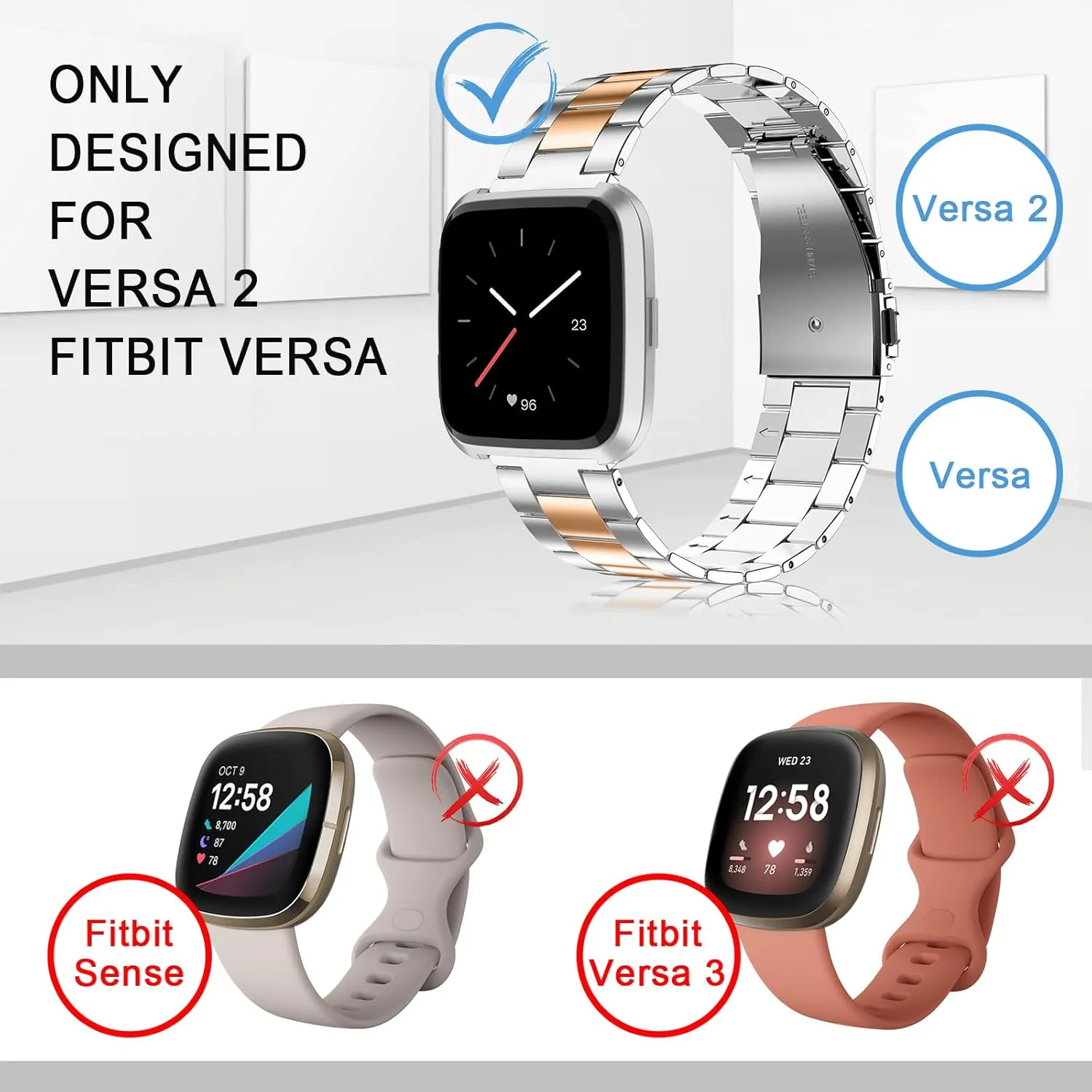 Wearlizer Stainless Steel Compatible for Fitbit Versa/Versa 2, Ultra-Thin Lightweight Replacement Bands for Women & Men