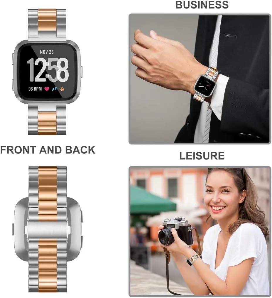 Wearlizer Stainless Steel Compatible for Fitbit Versa/Versa 2, Ultra-Thin Lightweight Replacement Bands for Women & Men