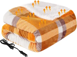 Westinghouse Heated Car Blanket, 12-Volt Electric Blanket for Car, Truck, SUV, RV, Portable Heated Throw for Camping, Orange Buffalo Plaid, 59" x 43”