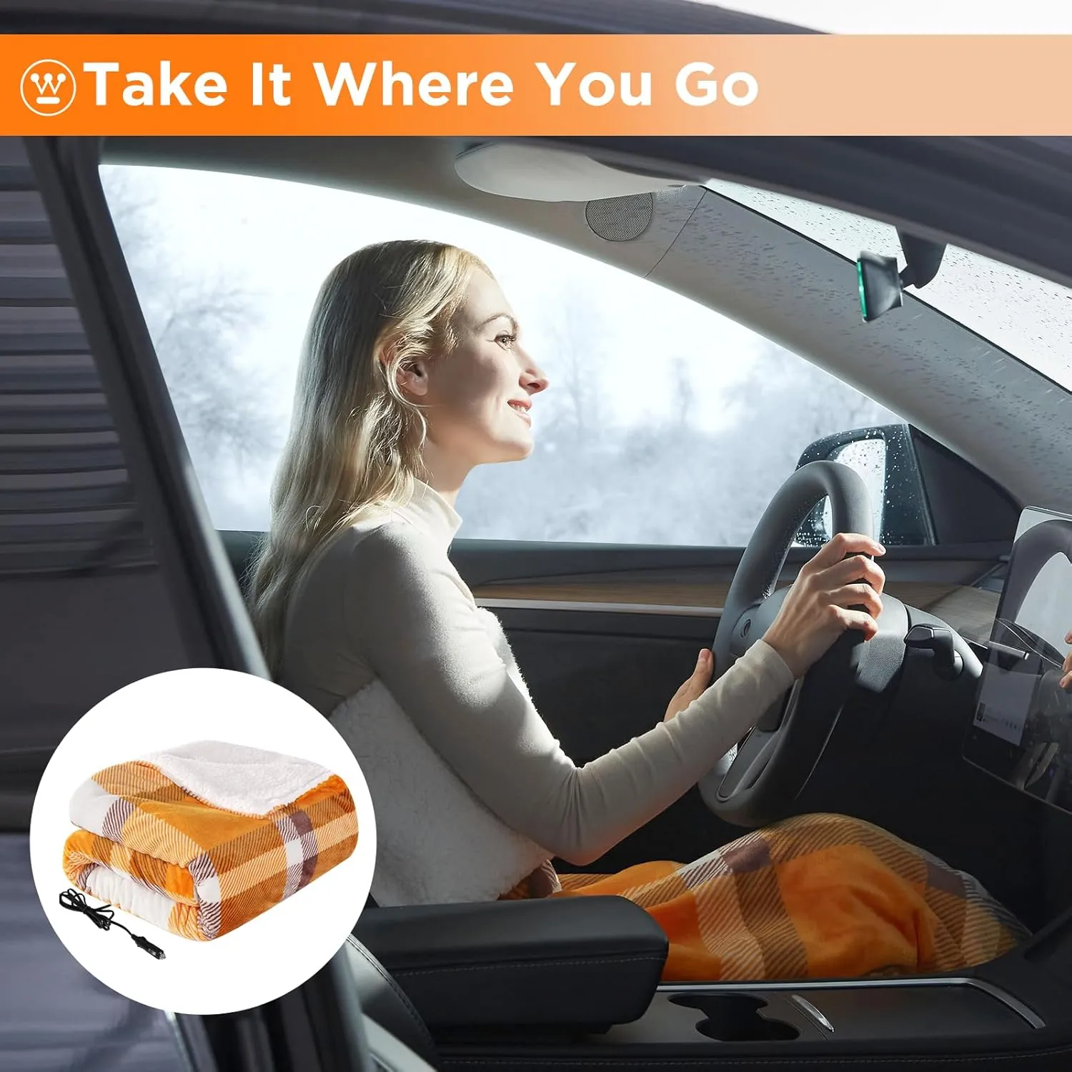 Westinghouse Heated Car Blanket, 12-Volt Electric Blanket for Car, Truck, SUV, RV, Portable Heated Throw for Camping, Orange Buffalo Plaid, 59" x 43”