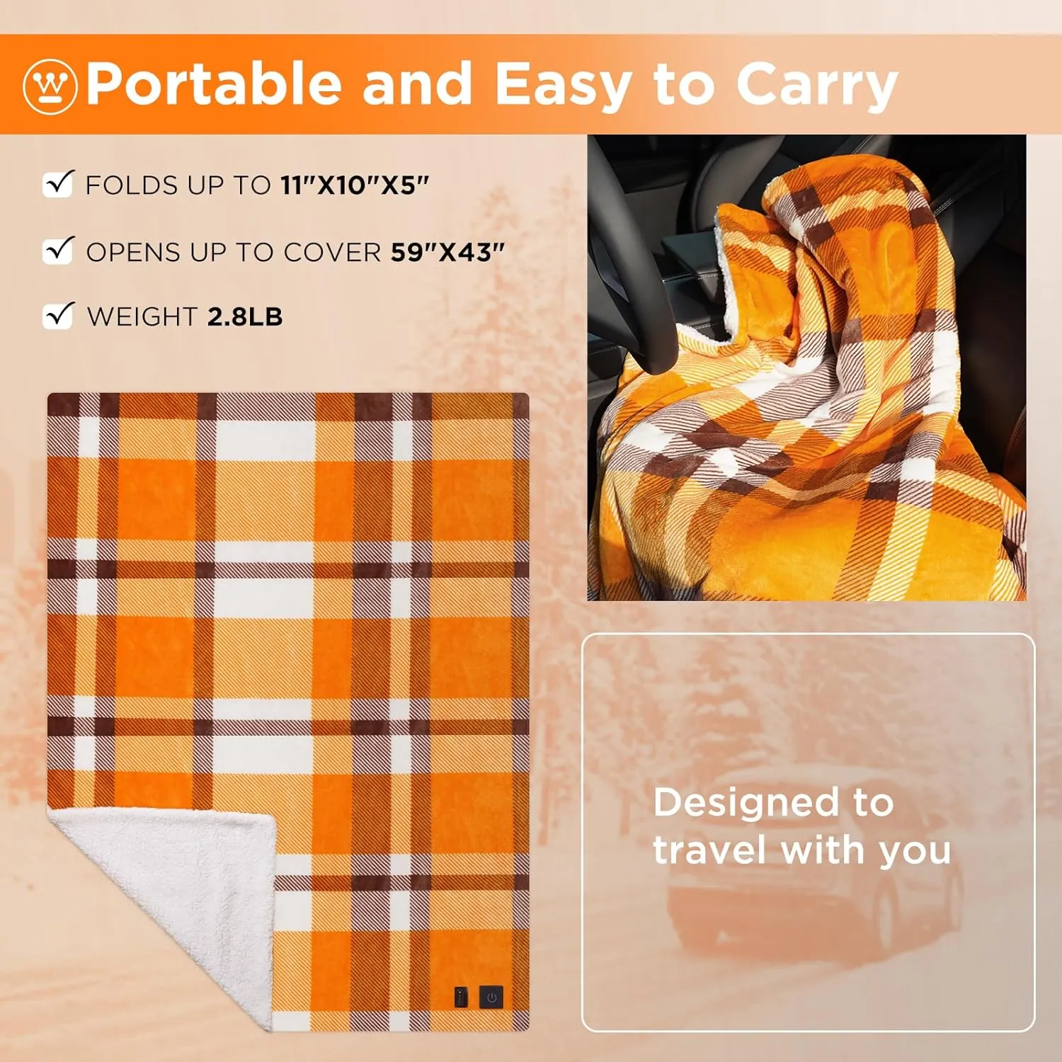 Westinghouse Heated Car Blanket, 12-Volt Electric Blanket for Car, Truck, SUV, RV, Portable Heated Throw for Camping, Orange Buffalo Plaid, 59" x 43”