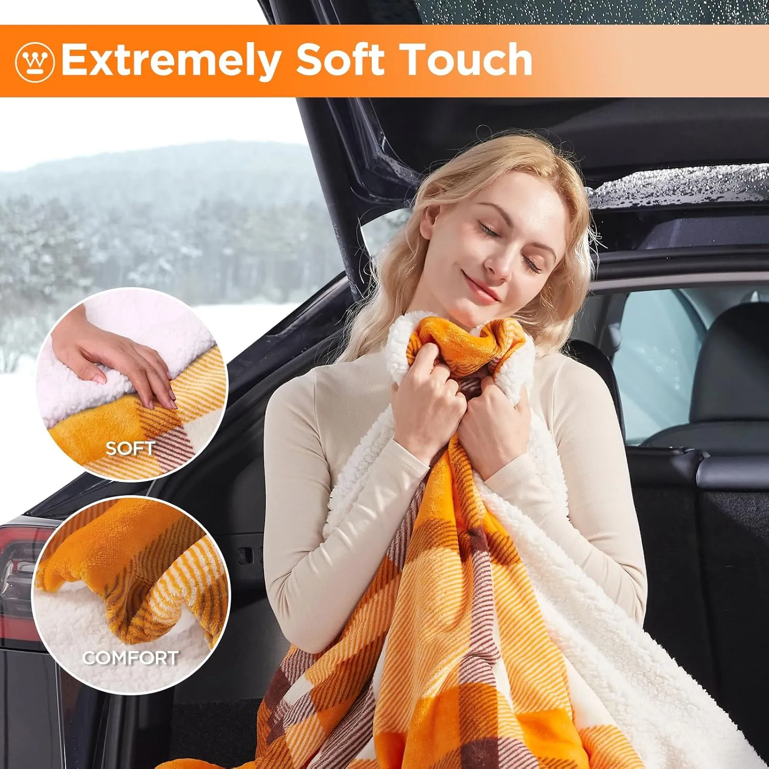 Westinghouse Heated Car Blanket, 12-Volt Electric Blanket for Car, Truck, SUV, RV, Portable Heated Throw for Camping, Orange Buffalo Plaid, 59" x 43”