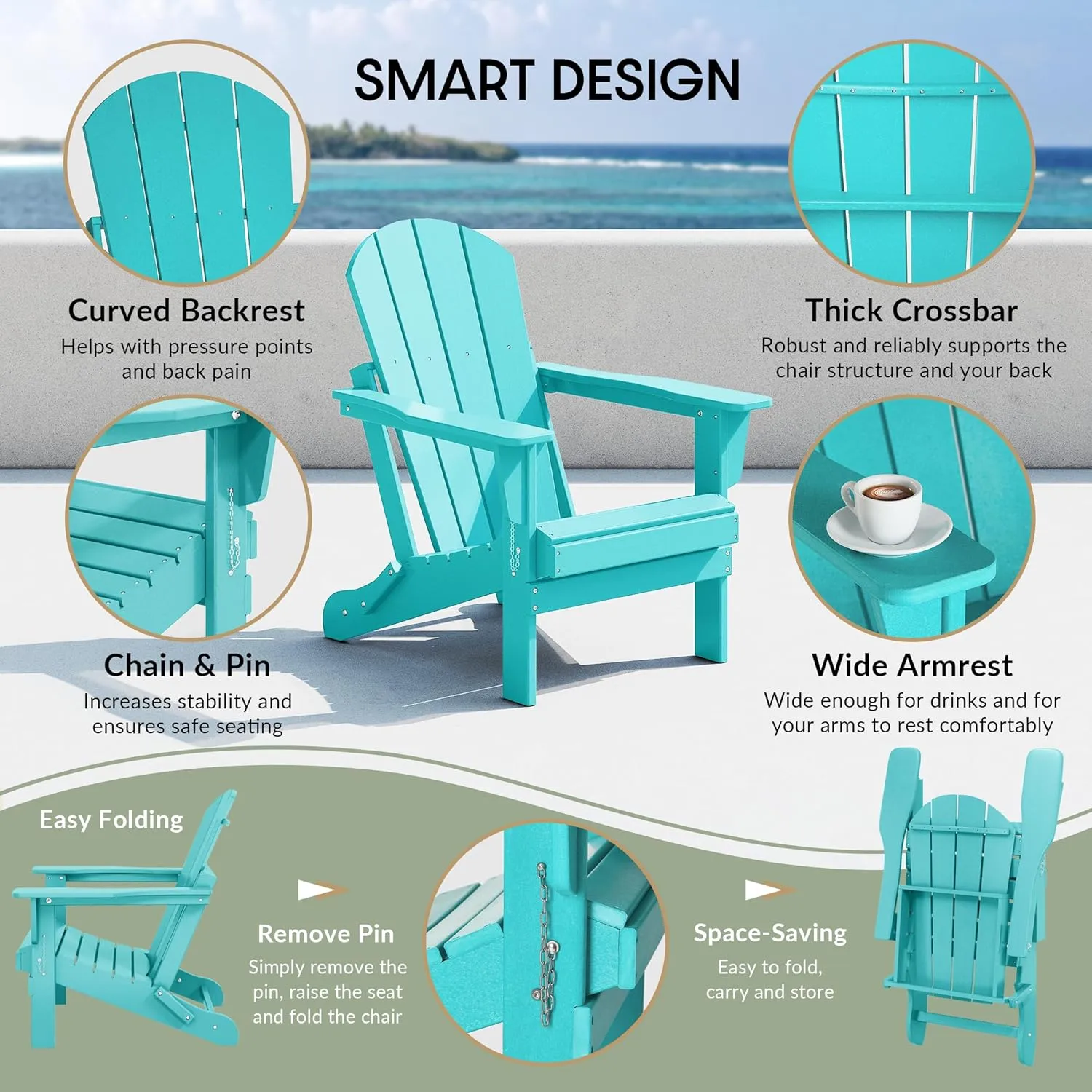 WestinTrends Malibu 2 Piece Set Outdoor Folding Poly Adirondack Chair, Turquoise