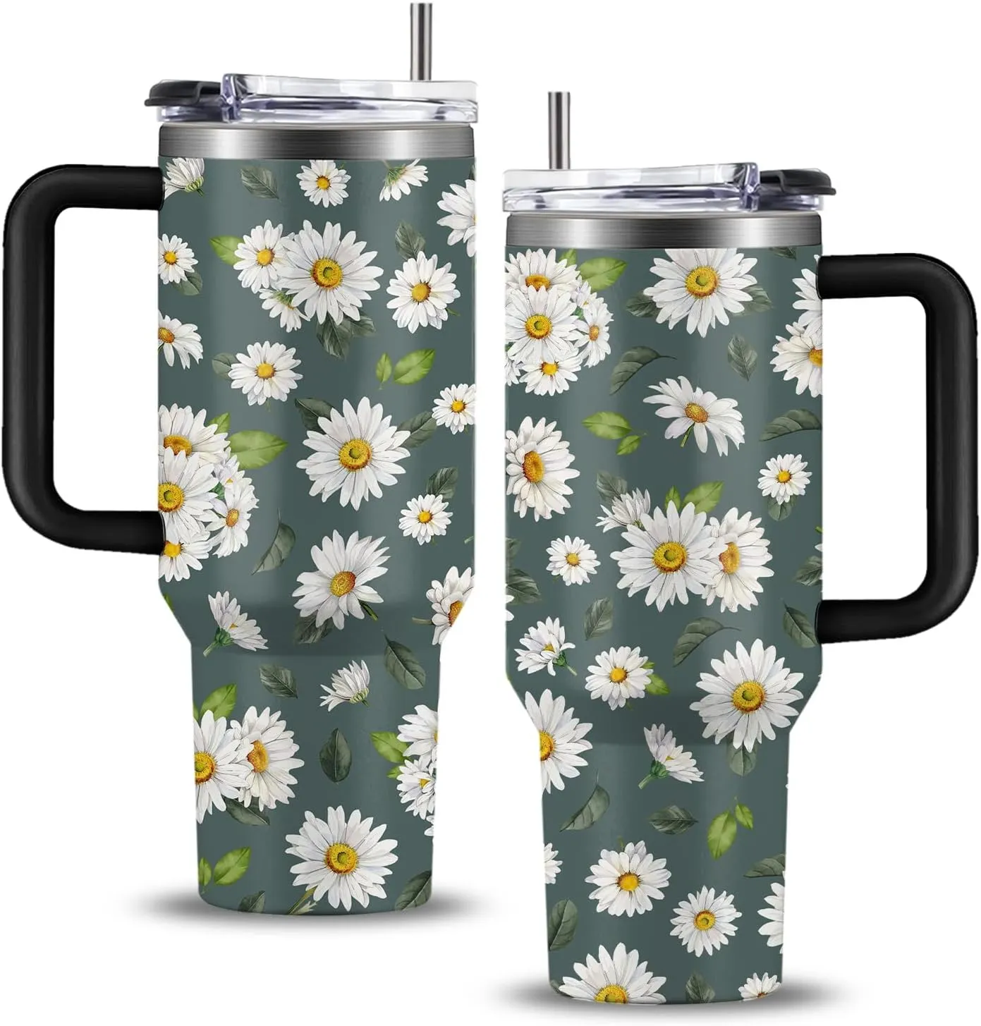 White Daisies Tumbler with Handlea 40oz, Daisy Aesthetic Gifts Flowers Stainless Steel Coffee Cup, Double Wall Vacuum Insulated Travel Mug, Christmas Birthday Gifts for Women Friend Sister Her