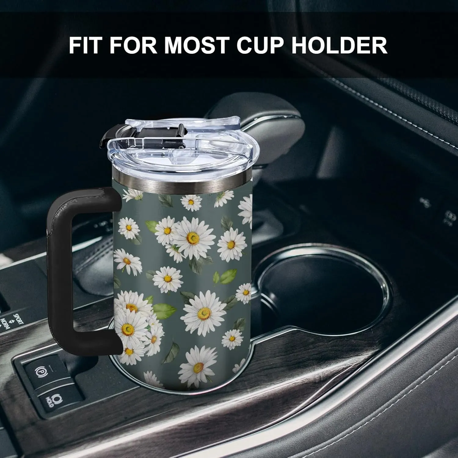 White Daisies Tumbler with Handlea 40oz, Daisy Aesthetic Gifts Flowers Stainless Steel Coffee Cup, Double Wall Vacuum Insulated Travel Mug, Christmas Birthday Gifts for Women Friend Sister Her