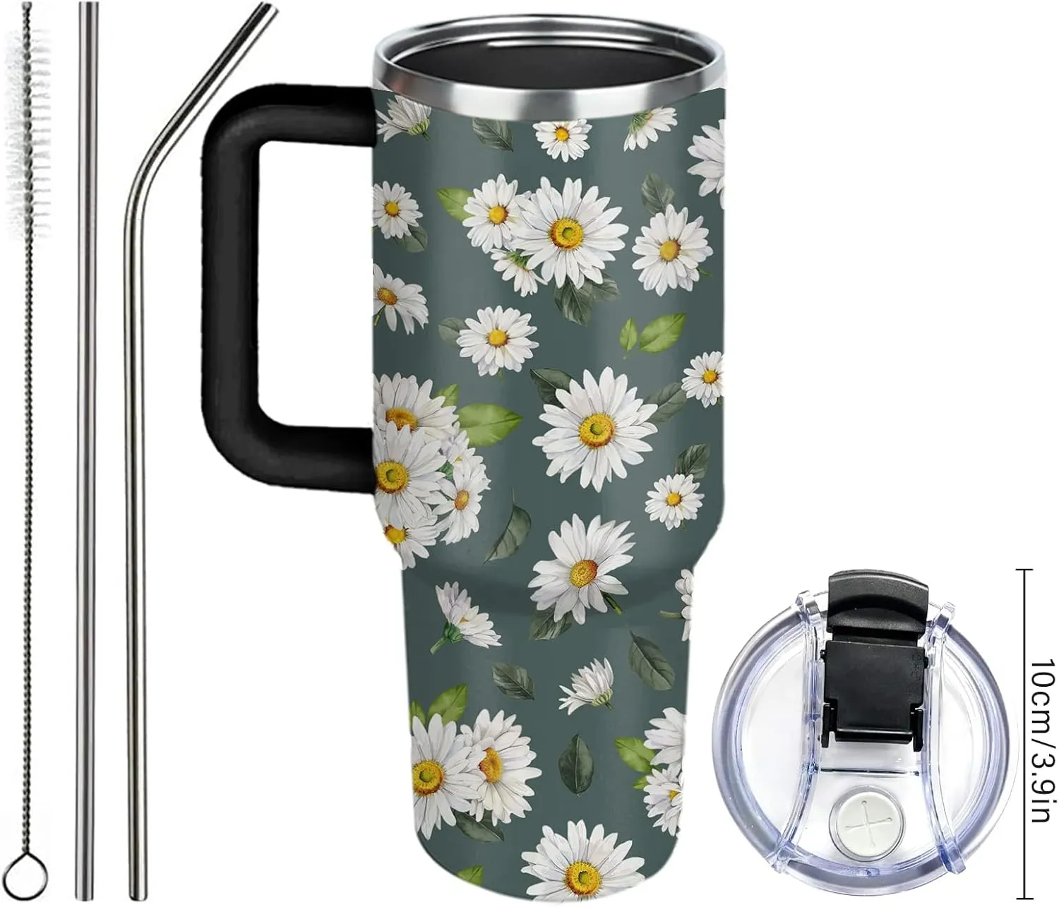 White Daisies Tumbler with Handlea 40oz, Daisy Aesthetic Gifts Flowers Stainless Steel Coffee Cup, Double Wall Vacuum Insulated Travel Mug, Christmas Birthday Gifts for Women Friend Sister Her