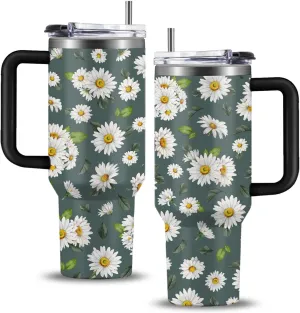 White Daisies Tumbler with Handlea 40oz, Daisy Aesthetic Gifts Flowers Stainless Steel Coffee Cup, Double Wall Vacuum Insulated Travel Mug, Christmas Birthday Gifts for Women Friend Sister Her
