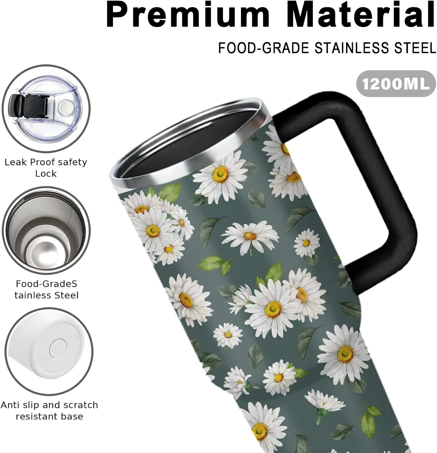 White Daisies Tumbler with Handlea 40oz, Daisy Aesthetic Gifts Flowers Stainless Steel Coffee Cup, Double Wall Vacuum Insulated Travel Mug, Christmas Birthday Gifts for Women Friend Sister Her