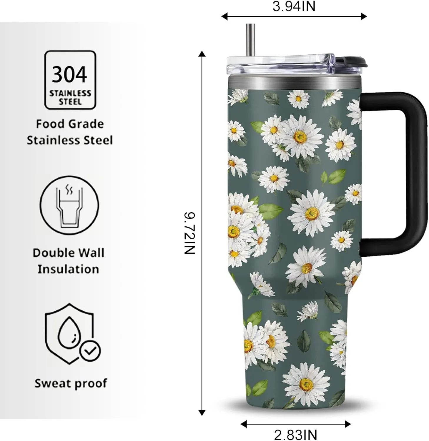 White Daisies Tumbler with Handlea 40oz, Daisy Aesthetic Gifts Flowers Stainless Steel Coffee Cup, Double Wall Vacuum Insulated Travel Mug, Christmas Birthday Gifts for Women Friend Sister Her